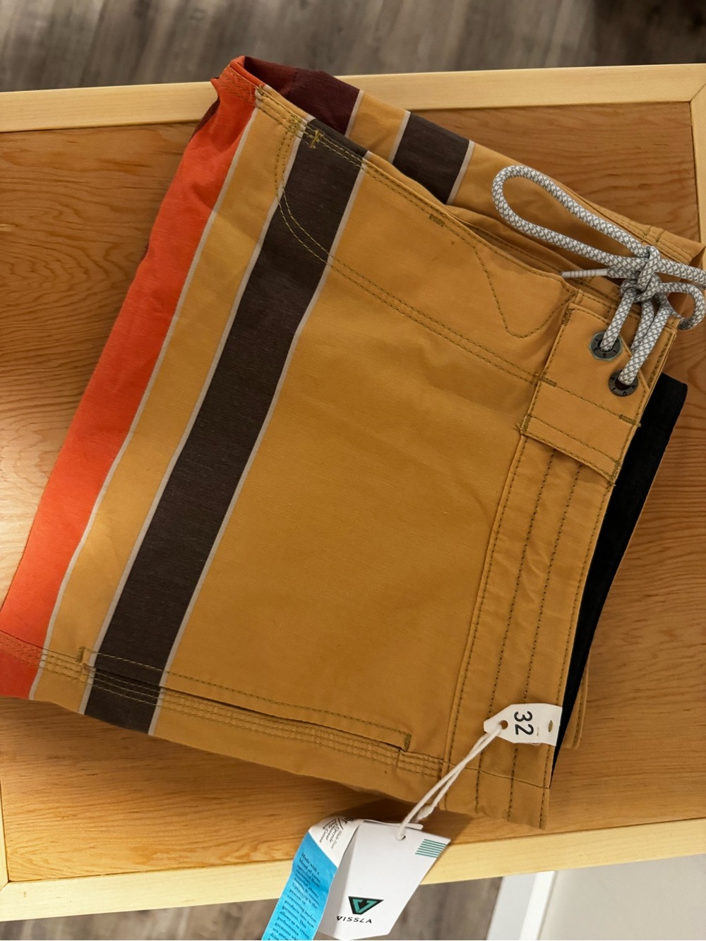 VISSLA Striped Drawstring Boardshorts in Mustard and Brown